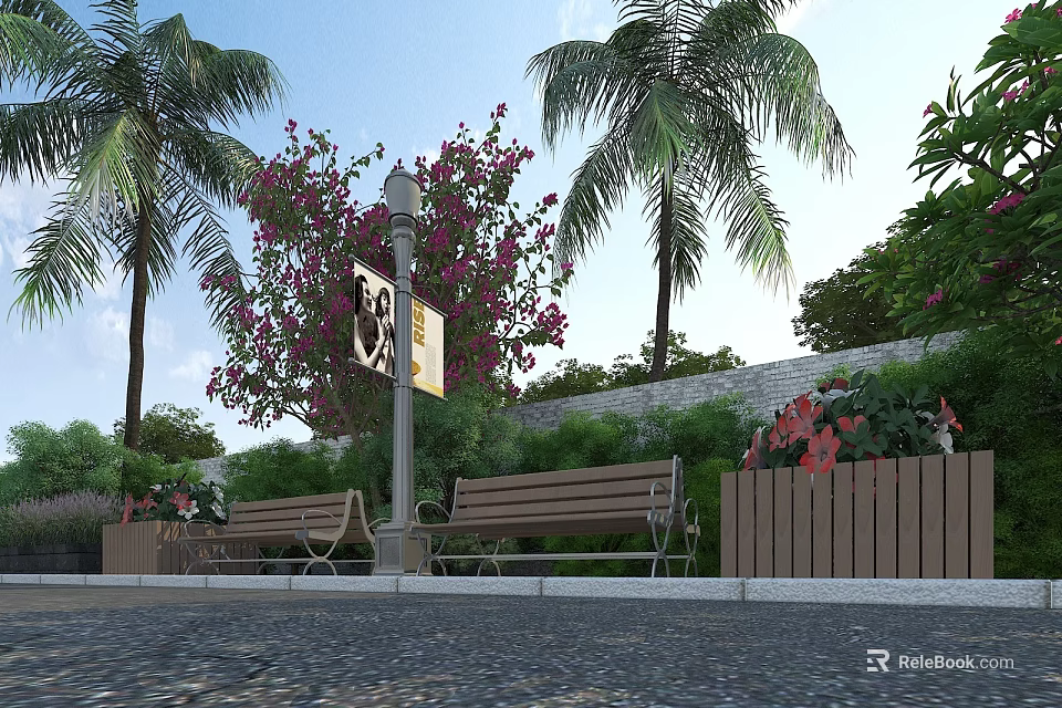 Garden Ornament Design Featuring Palm Trees Pink Blossom Trees Benches Street Lamp And Lush Greenery 3d model 