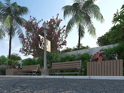 Garden Ornament Design Featuring Palm Trees Pink Blossom Trees Benches Street Lamp And Lush Greenery 3d model