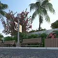 Garden Ornament Design Featuring Palm Trees Pink Blossom Trees Benches Street Lamp And Lush Greenery