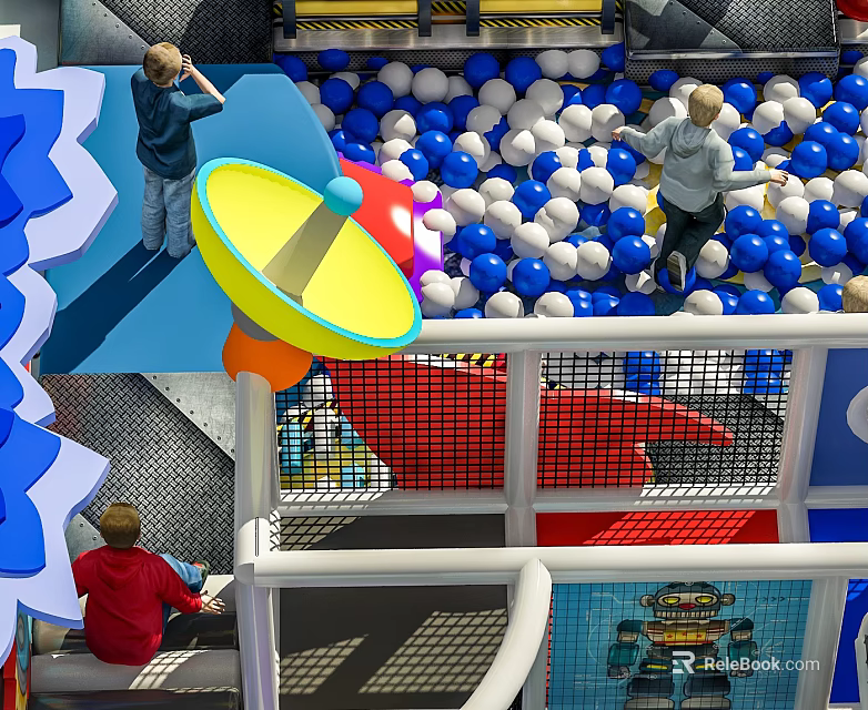 Colorful Indoor Playground Equipment With Blue White Ball Pit Slide And Net Enclosure For Children 3d model 