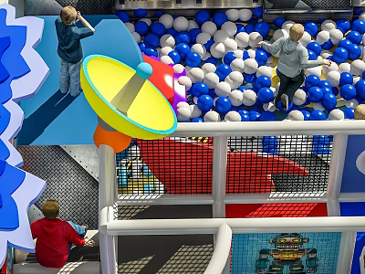 Colorful Indoor Playground Equipment With Blue White Ball Pit Slide And Net Enclosure For Children 3d model