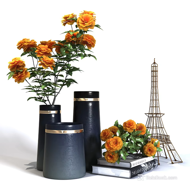 Black Vases With Gold Trim And Orange Flowers On Books Near Eiffel Tower Model 3d model 