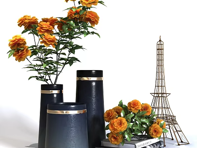 Black Vases With Gold Trim And Orange Flowers On Books Near Eiffel Tower Model 3d model
