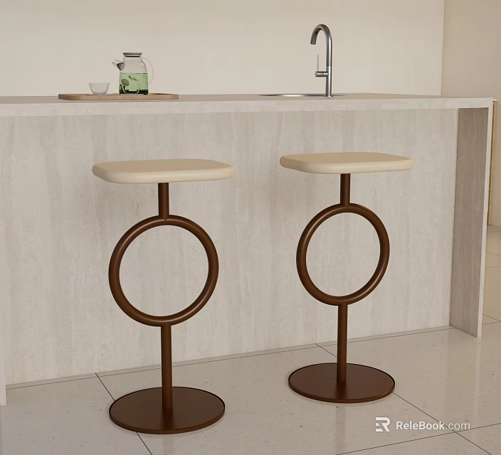 Modern Bar Stools With Beige Seats And Brown Circular Frames By Light Colored Kitchen Counter 3d model