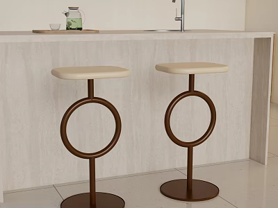 Modern Bar Stools With Beige Seats And Brown Circular Frames By Light Colored Kitchen Counter 3d model