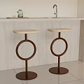 Modern Bar Stools With Beige Seats And Brown Circular Frames By Light Colored Kitchen Counter 3d model