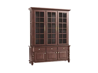 Classic Dark Brown Wooden Bookcase With Glass Doors And Drawer Storage Design 3d model
