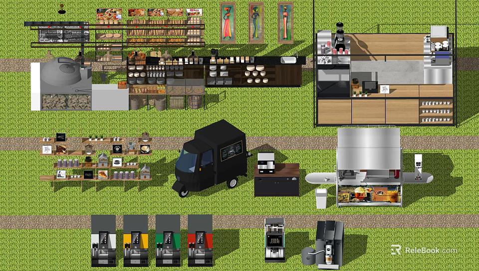 Commercial Kitchen Appliances With Coffee Machines Display Shelves And Food Truck Setup 3d model 