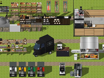 Commercial Kitchen Appliances With Coffee Machines Display Shelves And Food Truck Setup 3d model