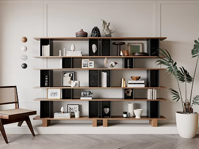 Modern Wooden Bookshelf Interior With Open Shelves Books Photo Frames And Decorations 3d model