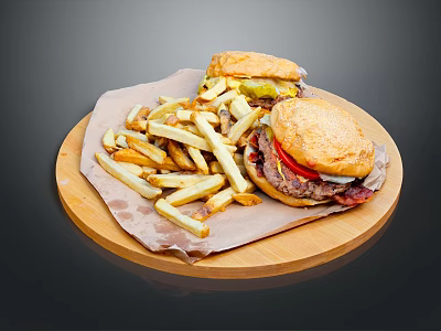 Juicy Beef Burgers with Fresh Vegetables and Crispy Fries on Wooden Tray 3d model