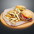 Juicy Beef Burgers with Fresh Vegetables and Crispy Fries on Wooden Tray