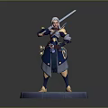 White Haired Female Warrior With Long Sword Blue Gold Armor In Combat Stance On Round Base