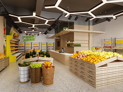 Modern Supermarket Grocery Store With Fresh Fruits Vegetables and Organized Shelves 3d model