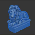 Classic Stone Lion Statue Lying On Square Pedestal With Detailed Mane And Paws
