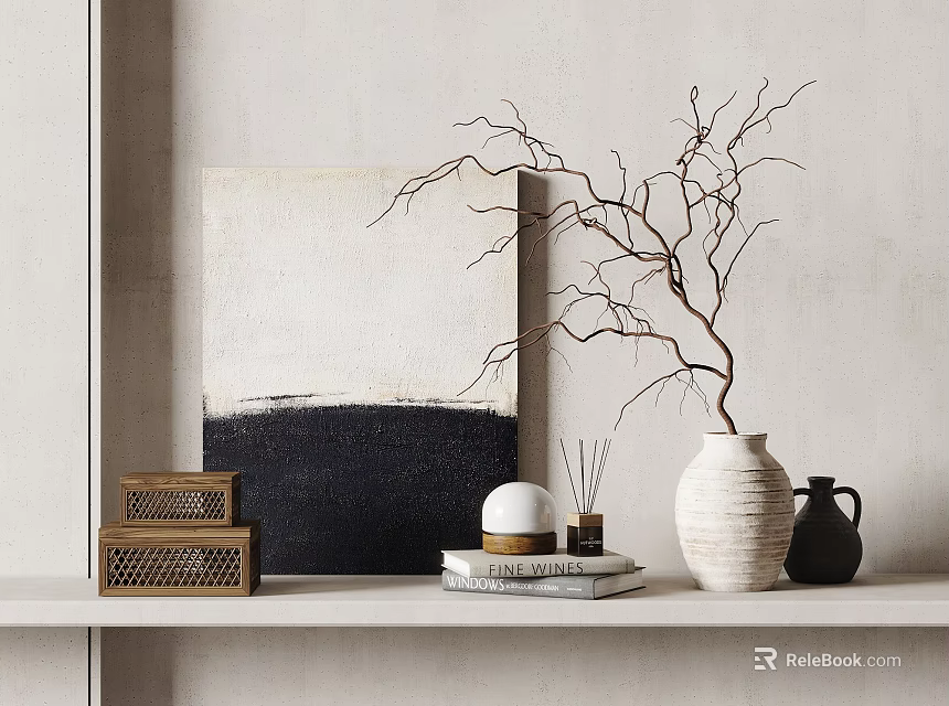 Ornament Set With Black White Painting Twig White Vase Wooden Boxes Black Pot On Shelf 3d model 