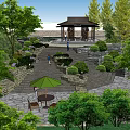 Waterfront Garden Landscape with Wooden Deck Pavilion Moored Boats Green Trees and People Walking