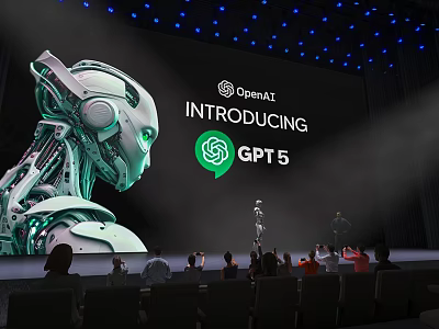 OpenAI Introducing GPT15 Event Featuring Robot Head Display And Audience On Stage 3d model