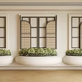 Green Plant Combination In Wall Mounted White Planters With Black Framed Lattice Windows