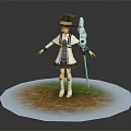 Game Fantasy Character With Black Wizard Hat Blue Long Hair Staff Standing On Round Base