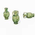 Three Green Ceramic Vessels Featuring Different Shapes And Intricate Carved Patterns 3d model