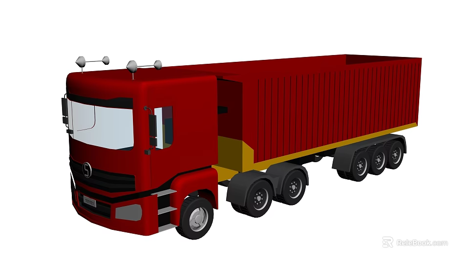 Red Commercial Cargo Truck With Large Container Body And Multiple Wheels Design 3d model 