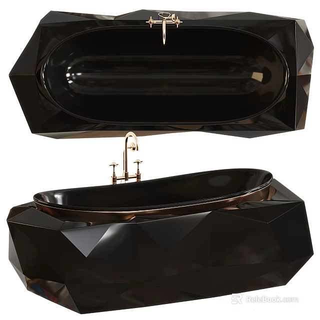 Luxury Black Bathtub Featuring Diamond Cut Geometric Shape and Gold Faucet 3d model 
