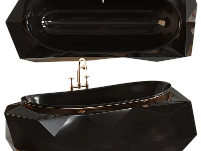 Luxury Black Bathtub Featuring Diamond Cut Geometric Shape and Gold Faucet 3d model