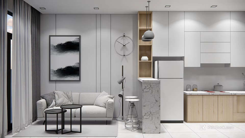 Modern Living Dining Room Interior With Sofa Coffee Tables Decorative Painting And Marble Island Counter 3d model 