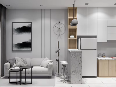 Modern Living Dining Room Interior With Sofa Coffee Tables Decorative Painting And Marble Island Counter 3d model