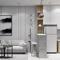 Modern Living Dining Room Interior With Sofa Coffee Tables Decorative Painting And Marble Island Counter