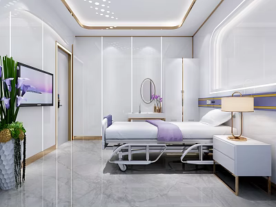 Modern Hospital Outpatient Clinic Room With White Bed TV Green Plants And Marble Floor 3d model