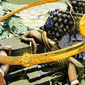 Intricate Golden Spiral Sculpture With Green Plants And Dark Round Fruits