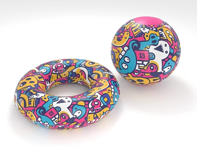 Colorful Inflatable Ring And Beach Ball With Cartoon Patterns For Summer Use 3d model
