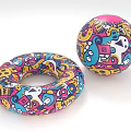 Colorful Inflatable Ring And Beach Ball With Cartoon Patterns For Summer Use