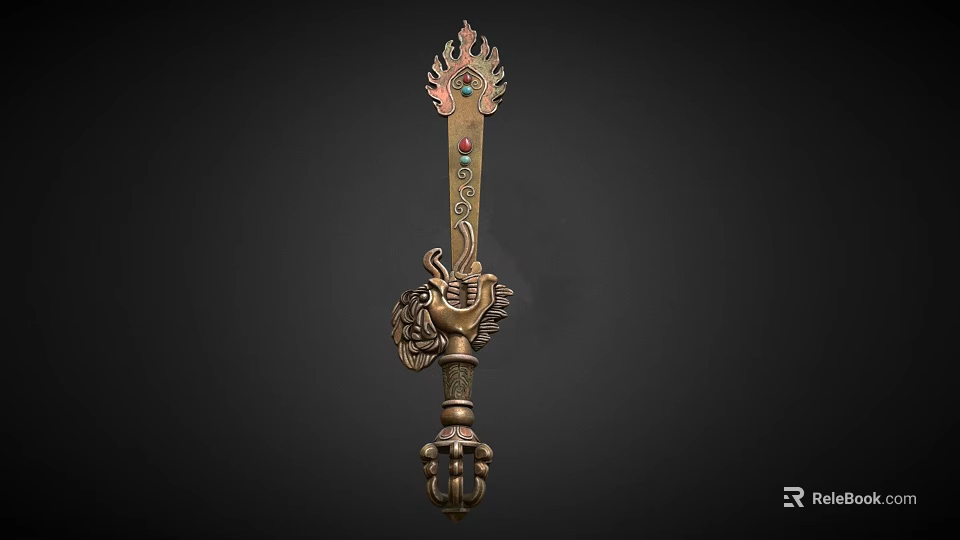 Traditional Ornate Weapon With Golden Flame Shaped Top And Lion Head Ornament 3d model 