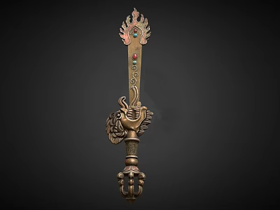 Traditional Ornate Weapon With Golden Flame Shaped Top And Lion Head Ornament 3d model