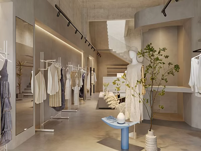 Modern Minimalist Clothing Store Interior With Clothing Racks Mirrors Staircase And Plants 3d model