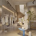 Modern Minimalist Clothing Store Interior With Clothing Racks Mirrors Staircase And Plants