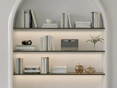 Modern Living Room Arched White Bookshelf With Stacked Books Vintage Camera Radio And Decorative Objects 3d model
