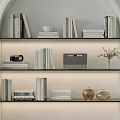 Modern Living Room Arched White Bookshelf With Stacked Books Vintage Camera Radio And Decorative Objects