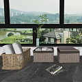 Three Wicker And Brown Woven Storage Baskets Indoor With Magazine Plant And Lake View Buildings