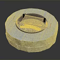 Outdoor Circular Stone Fire Pit With Burning Wood And Metal Grill