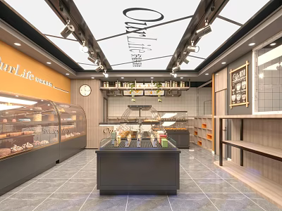 Modern Dessert Shop Interior With Glass Display Cases Fresh Pastries And Warm Lighting Fixtures 3d model