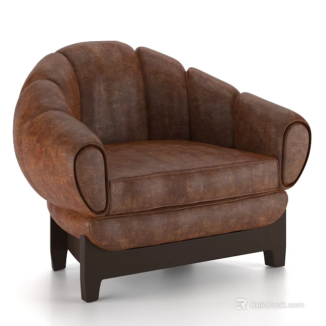 Brown Leather Single Seater Sofa With Curved Armrests And Dark Wooden Legs 3d model 