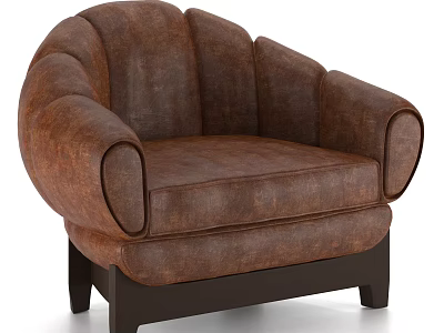 Brown Leather Single Seater Sofa With Curved Armrests And Dark Wooden Legs 3d model