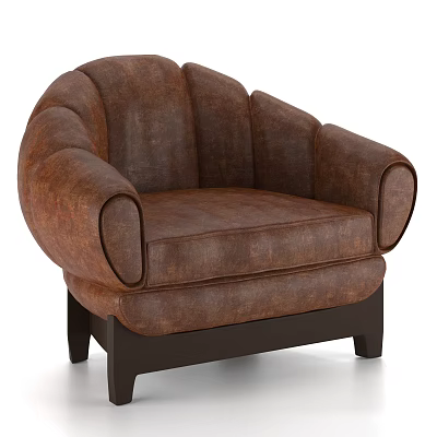 Brown Leather Single Seater Sofa With Curved Armrests And Dark Wooden Legs 3d model