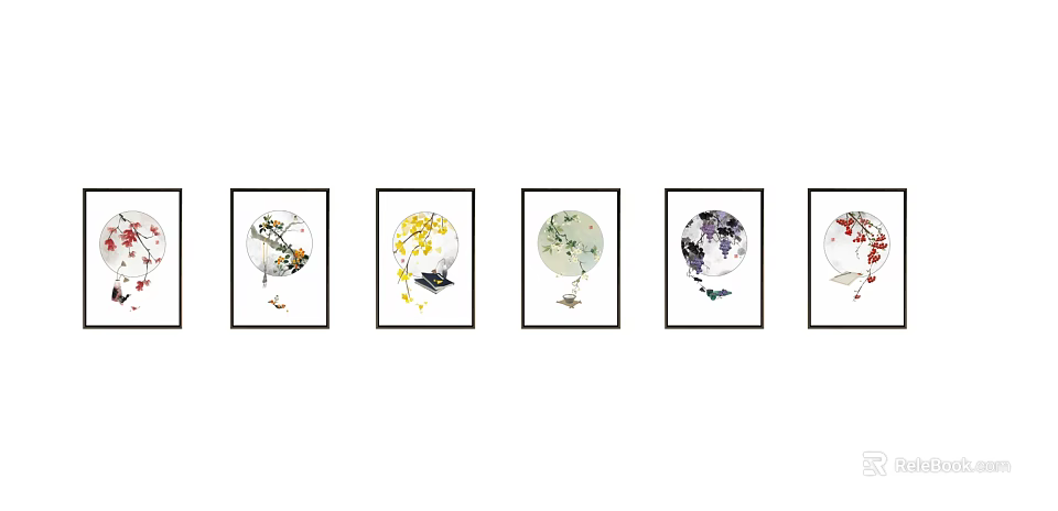 Five Circular Framed Wall Art with Bird and Flower Patterns for Home Decoration 3d model