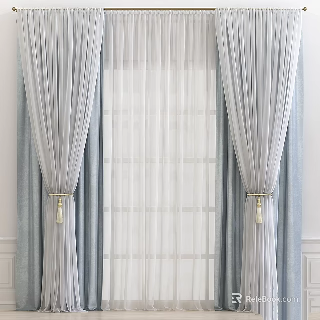 Elegant Pleated Gray And White Double Layer Curtains With Sheer Panels And Tassel Tiebacks 3d model 