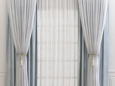 Elegant Pleated Gray And White Double Layer Curtains With Sheer Panels And Tassel Tiebacks 3d model